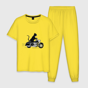 Мужская пижама хлопок с принтом Черный кот на мотоцикле в Новосибирске, 100% хлопок | брюки и футболка прямого кроя, без карманов, на брюках мягкая резинка на поясе и по низу штанин
 | 