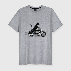 Мужская футболка хлопок Slim с принтом Черный кот на мотоцикле в Санкт-Петербурге, 92% хлопок, 8% лайкра | приталенный силуэт, круглый вырез ворота, длина до линии бедра, короткий рукав | Тематика изображения на принте: 