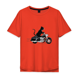 Мужская футболка хлопок Oversize с принтом Черный кот на мотоцикле в Курске, 100% хлопок | свободный крой, круглый ворот, “спинка” длиннее передней части | Тематика изображения на принте: 