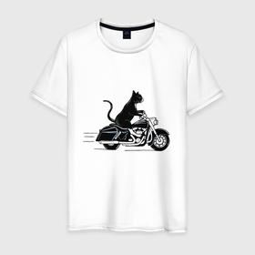 Мужская футболка хлопок с принтом Черный кот на мотоцикле в Тюмени, 100% хлопок | прямой крой, круглый вырез горловины, длина до линии бедер, слегка спущенное плечо. | Тематика изображения на принте: 