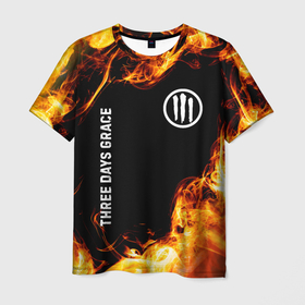 Мужская футболка 3D с принтом Three Days Grace и пылающий огонь в Кировске, 100% полиэфир | прямой крой, круглый вырез горловины, длина до линии бедер | Тематика изображения на принте: 