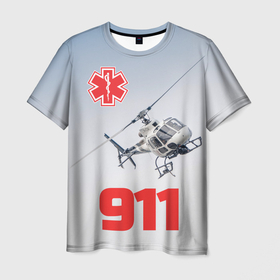 Мужская футболка 3D с принтом Спасательный медицинский вертолет 911 в Новосибирске, 100% полиэфир | прямой крой, круглый вырез горловины, длина до линии бедер | 