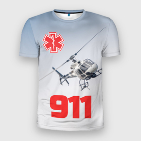 Мужская футболка 3D Slim с принтом Спасательный медицинский вертолет 911 в Новосибирске, 100% полиэстер с улучшенными характеристиками | приталенный силуэт, круглая горловина, широкие плечи, сужается к линии бедра | 