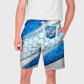 Мужские шорты 3D с принтом Синий герб России на объемном фоне в Новосибирске,  полиэстер 100% | прямой крой, два кармана без застежек по бокам. Мягкая трикотажная резинка на поясе, внутри которой широкие завязки. Длина чуть выше колен | 