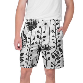 Мужские шорты 3D с принтом Нарисованные монохромные цветы в Кировске,  полиэстер 100% | прямой крой, два кармана без застежек по бокам. Мягкая трикотажная резинка на поясе, внутри которой широкие завязки. Длина чуть выше колен | 