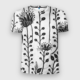 Мужская футболка 3D Slim с принтом Нарисованные монохромные цветы в Кировске, 100% полиэстер с улучшенными характеристиками | приталенный силуэт, круглая горловина, широкие плечи, сужается к линии бедра | 
