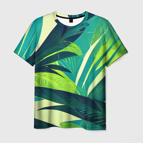 Мужская футболка 3D с принтом Яркие тропические листья пальмы , 100% полиэфир | прямой крой, круглый вырез горловины, длина до линии бедер | 