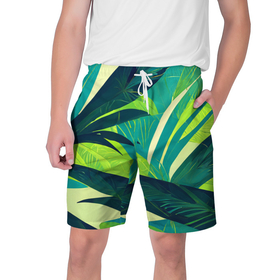 Мужские шорты 3D с принтом Яркие тропические листья пальмы ,  полиэстер 100% | прямой крой, два кармана без застежек по бокам. Мягкая трикотажная резинка на поясе, внутри которой широкие завязки. Длина чуть выше колен | 