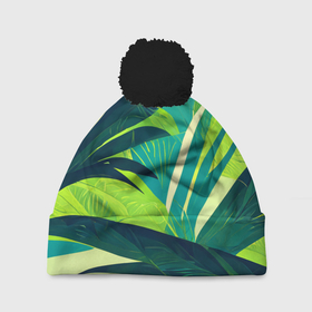 Шапка 3D c помпоном с принтом Яркие тропические листья пальмы в Екатеринбурге, 100% полиэстер | универсальный размер, печать по всей поверхности изделия | 