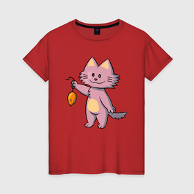Женская футболка хлопок с принтом Котик держит мышку в Белгороде, 100% хлопок | прямой крой, круглый вырез горловины, длина до линии бедер, слегка спущенное плечо | 