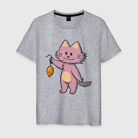 Мужская футболка хлопок с принтом Котик держит мышку , 100% хлопок | прямой крой, круглый вырез горловины, длина до линии бедер, слегка спущенное плечо. | 