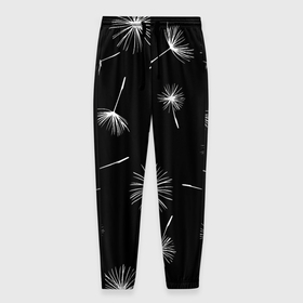 Мужские брюки 3D с принтом Семена одуванчика на чёрном фоне в Кировске, 100% полиэстер | манжеты по низу, эластичный пояс регулируется шнурком, по бокам два кармана без застежек, внутренняя часть кармана из мелкой сетки | 