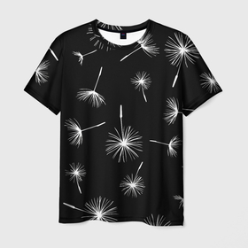 Мужская футболка 3D с принтом Семена одуванчика на чёрном фоне , 100% полиэфир | прямой крой, круглый вырез горловины, длина до линии бедер | 