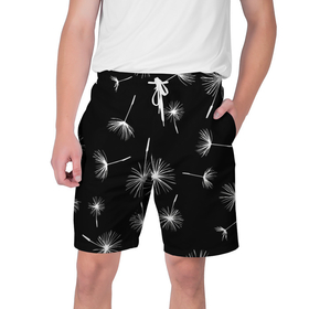 Мужские шорты 3D с принтом Семена одуванчика на чёрном фоне в Белгороде,  полиэстер 100% | прямой крой, два кармана без застежек по бокам. Мягкая трикотажная резинка на поясе, внутри которой широкие завязки. Длина чуть выше колен | 
