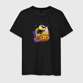 Мужская футболка хлопок с принтом Чёрный котик и тыквы в Тюмени, 100% хлопок | прямой крой, круглый вырез горловины, длина до линии бедер, слегка спущенное плечо. | 