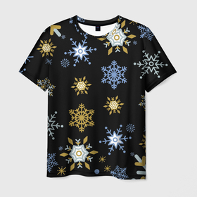 Мужская футболка 3D с принтом Новый год снежинки на чёрном фоне в Курске, 100% полиэфир | прямой крой, круглый вырез горловины, длина до линии бедер | 