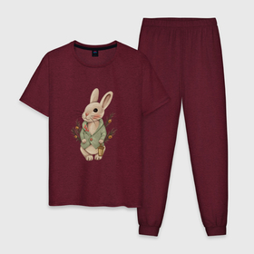 Мужская пижама хлопок с принтом Кролик с фонариком новогодний в Екатеринбурге, 100% хлопок | брюки и футболка прямого кроя, без карманов, на брюках мягкая резинка на поясе и по низу штанин
 | Тематика изображения на принте: 