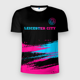 Мужская футболка 3D Slim с принтом Leicester City   neon gradient: символ сверху в Новосибирске, 100% полиэстер с улучшенными характеристиками | приталенный силуэт, круглая горловина, широкие плечи, сужается к линии бедра | 