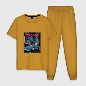 Мужская пижама хлопок с принтом Honda NSX Night City в Екатеринбурге, 100% хлопок | брюки и футболка прямого кроя, без карманов, на брюках мягкая резинка на поясе и по низу штанин
 | Тематика изображения на принте: 