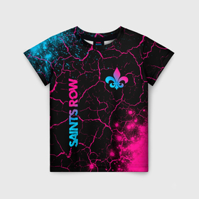 Детская футболка 3D с принтом Saints Row   neon gradient: надпись, символ в Екатеринбурге, 100% гипоаллергенный полиэфир | прямой крой, круглый вырез горловины, длина до линии бедер, чуть спущенное плечо, ткань немного тянется | Тематика изображения на принте: 