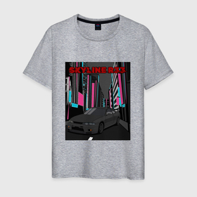 Мужская футболка хлопок с принтом Nissan Skyline GT R R33 Night Tokyo в Екатеринбурге, 100% хлопок | прямой крой, круглый вырез горловины, длина до линии бедер, слегка спущенное плечо. | Тематика изображения на принте: 