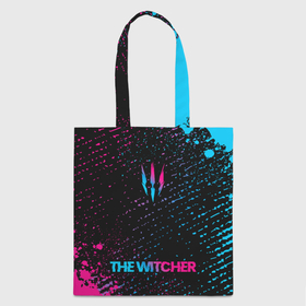 Шоппер 3D с принтом The Witcher   neon gradient: символ, надпись в Рязани, 100% полиэстер | Плотность: 200 г/м2; Размер: 34×35 см; Высота лямок: 30 см | 