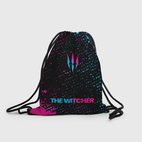 Рюкзак-мешок 3D с принтом The Witcher   neon gradient: символ, надпись в Курске, 100% полиэстер | плотность ткани — 200 г/м2, размер — 35 х 45 см; лямки — толстые шнурки, застежка на шнуровке, без карманов и подкладки | 