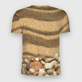 Мужская футболка 3D Slim с принтом Ракушки на песчаном берегу в Новосибирске, 100% полиэстер с улучшенными характеристиками | приталенный силуэт, круглая горловина, широкие плечи, сужается к линии бедра | Тематика изображения на принте: 