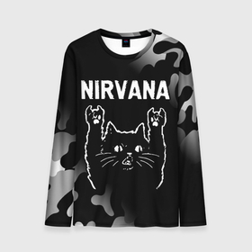 Мужской лонгслив 3D с принтом Группа Nirvana и рок кот в Курске, 100% полиэстер | длинные рукава, круглый вырез горловины, полуприлегающий силуэт | 
