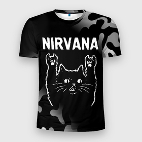Мужская футболка 3D Slim с принтом Группа Nirvana и рок кот в Курске, 100% полиэстер с улучшенными характеристиками | приталенный силуэт, круглая горловина, широкие плечи, сужается к линии бедра | Тематика изображения на принте: 