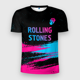 Мужская футболка 3D Slim с принтом Rolling Stones   neon gradient: символ сверху в Санкт-Петербурге, 100% полиэстер с улучшенными характеристиками | приталенный силуэт, круглая горловина, широкие плечи, сужается к линии бедра | 
