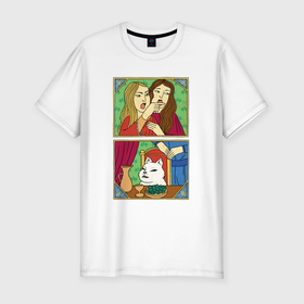 Мужская футболка хлопок Slim с принтом Женщина кричит на кота   Мем в средневековом стиле в Петрозаводске, 92% хлопок, 8% лайкра | приталенный силуэт, круглый вырез ворота, длина до линии бедра, короткий рукав | 