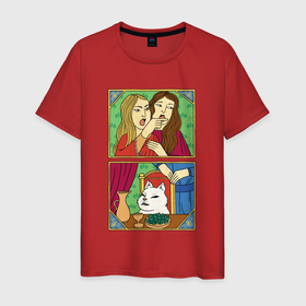 Мужская футболка хлопок с принтом Женщина кричит на кота   Мем в средневековом стиле в Петрозаводске, 100% хлопок | прямой крой, круглый вырез горловины, длина до линии бедер, слегка спущенное плечо. | 