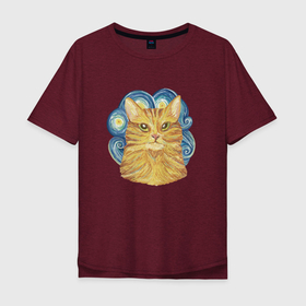 Мужская футболка хлопок Oversize с принтом Рыжий кот в стиле Ван Гога звёздная ночь в Курске, 100% хлопок | свободный крой, круглый ворот, “спинка” длиннее передней части | Тематика изображения на принте: 