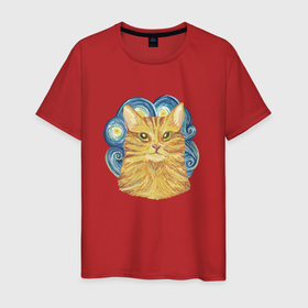 Мужская футболка хлопок с принтом Рыжий кот в стиле Ван Гога звёздная ночь в Кировске, 100% хлопок | прямой крой, круглый вырез горловины, длина до линии бедер, слегка спущенное плечо. | 