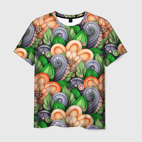 Мужская футболка 3D с принтом Объемные лепестки цветов и листья в Белгороде, 100% полиэфир | прямой крой, круглый вырез горловины, длина до линии бедер | Тематика изображения на принте: 