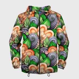 Мужская ветровка 3D с принтом Объемные лепестки цветов и листья в Белгороде, 100% полиэстер | подол и капюшон оформлены резинкой с фиксаторами, два кармана без застежек по бокам, один потайной карман на груди | 