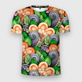 Мужская футболка 3D Slim с принтом Объемные лепестки цветов и листья в Белгороде, 100% полиэстер с улучшенными характеристиками | приталенный силуэт, круглая горловина, широкие плечи, сужается к линии бедра | 