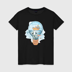 Женская футболка хлопок с принтом Кит с рыбками в лампочке в Санкт-Петербурге, 100% хлопок | прямой крой, круглый вырез горловины, длина до линии бедер, слегка спущенное плечо | Тематика изображения на принте: 