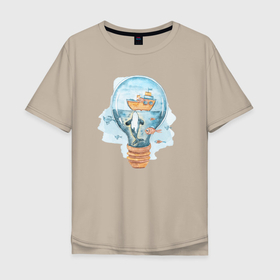 Мужская футболка хлопок Oversize с принтом Кит с рыбками в лампочке в Санкт-Петербурге, 100% хлопок | свободный крой, круглый ворот, “спинка” длиннее передней части | Тематика изображения на принте: 