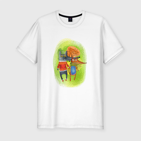 Мужская футболка хлопок Slim с принтом Волк и лиса в осеннем лесу в Кировске, 92% хлопок, 8% лайкра | приталенный силуэт, круглый вырез ворота, длина до линии бедра, короткий рукав | 