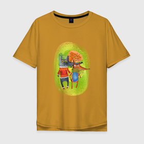Мужская футболка хлопок Oversize с принтом Волк и лиса в осеннем лесу в Кировске, 100% хлопок | свободный крой, круглый ворот, “спинка” длиннее передней части | 