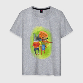 Мужская футболка хлопок с принтом Волк и лиса в осеннем лесу в Кировске, 100% хлопок | прямой крой, круглый вырез горловины, длина до линии бедер, слегка спущенное плечо. | 