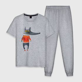 Мужская пижама хлопок с принтом Серый волк в оранжевом свитере в Санкт-Петербурге, 100% хлопок | брюки и футболка прямого кроя, без карманов, на брюках мягкая резинка на поясе и по низу штанин
 | 