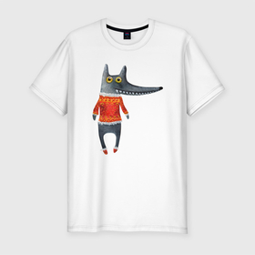 Мужская футболка хлопок Slim с принтом Серый волк в оранжевом свитере в Тюмени, 92% хлопок, 8% лайкра | приталенный силуэт, круглый вырез ворота, длина до линии бедра, короткий рукав | 