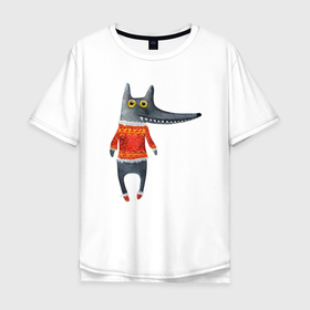 Мужская футболка хлопок Oversize с принтом Серый волк в оранжевом свитере в Санкт-Петербурге, 100% хлопок | свободный крой, круглый ворот, “спинка” длиннее передней части | 