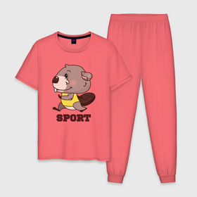 Мужская пижама хлопок с принтом Бобер бегун в Санкт-Петербурге, 100% хлопок | брюки и футболка прямого кроя, без карманов, на брюках мягкая резинка на поясе и по низу штанин
 | 
