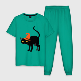 Мужская пижама хлопок с принтом Чёрный хэллоуинский котик в Белгороде, 100% хлопок | брюки и футболка прямого кроя, без карманов, на брюках мягкая резинка на поясе и по низу штанин
 | Тематика изображения на принте: 