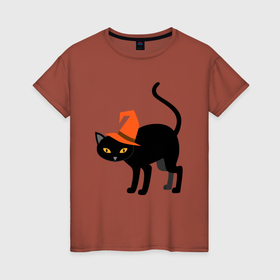 Женская футболка хлопок с принтом Чёрный хэллоуинский котик в Белгороде, 100% хлопок | прямой крой, круглый вырез горловины, длина до линии бедер, слегка спущенное плечо | Тематика изображения на принте: 