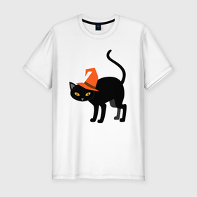 Мужская футболка хлопок Slim с принтом Чёрный хэллоуинский котик в Белгороде, 92% хлопок, 8% лайкра | приталенный силуэт, круглый вырез ворота, длина до линии бедра, короткий рукав | Тематика изображения на принте: 